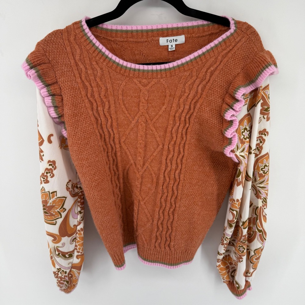 Fate Mixed Media Cable Knit Sweater Rust Orange Floral Paisley Sleeve Small